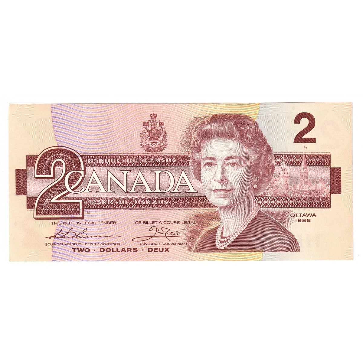 BC-55b 1986 Canada $2 Thiessen-Crow, BGJ, Almost Uncirculated (AU50)