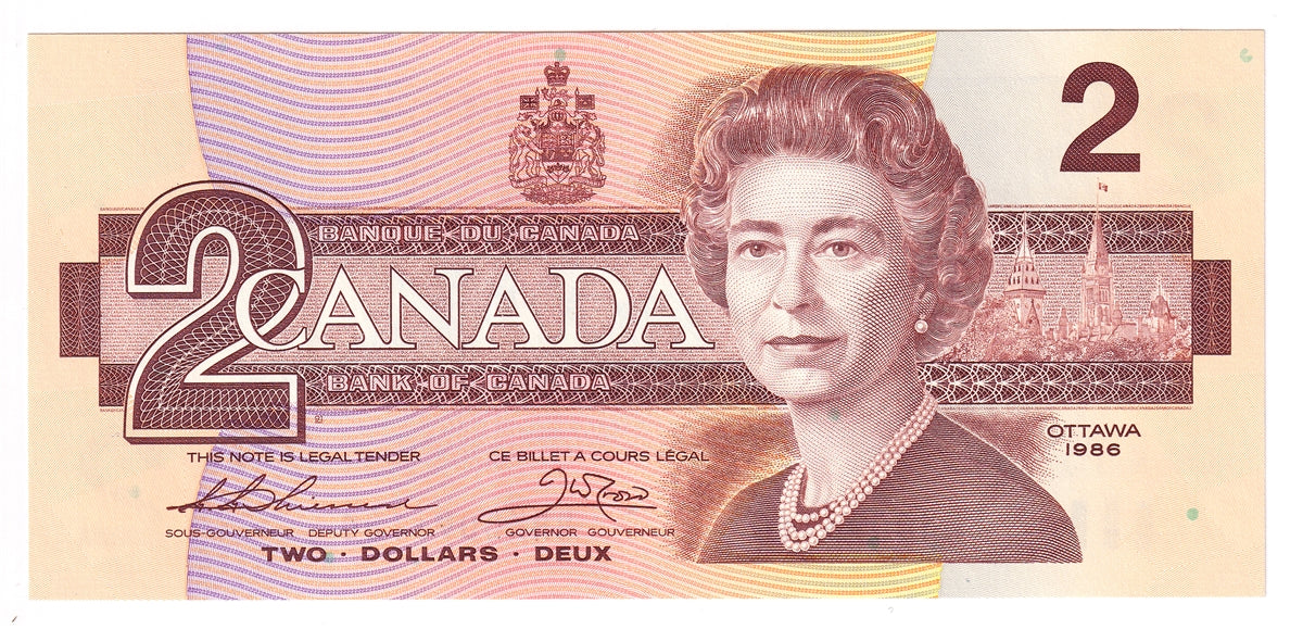 BC-55b 1986 Canada $2 Thiessen-Crow, BRK, Choice Uncirculated (CUNC63)