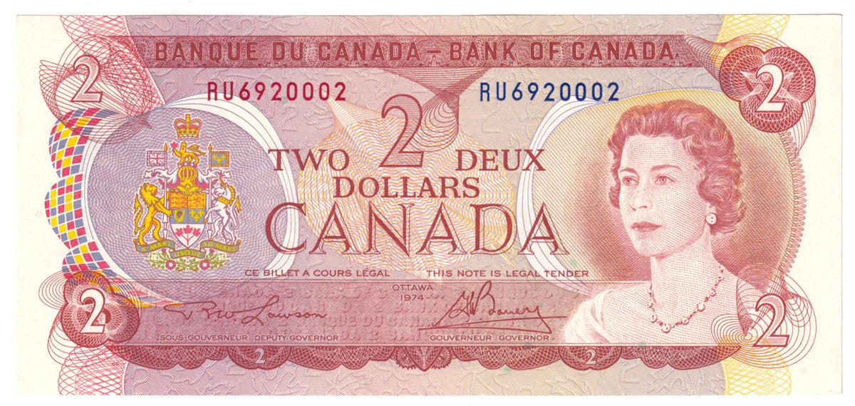 BC-47a 1974 Canada $2 Lawson-Bouey, RU, AU-UNC (AU55)
