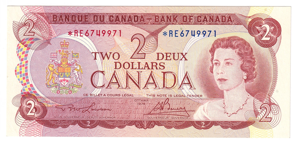 BC-47aA 1974 Canada $2 Lawson-Bouey, *RE, Almost Uncirculated (AU50)