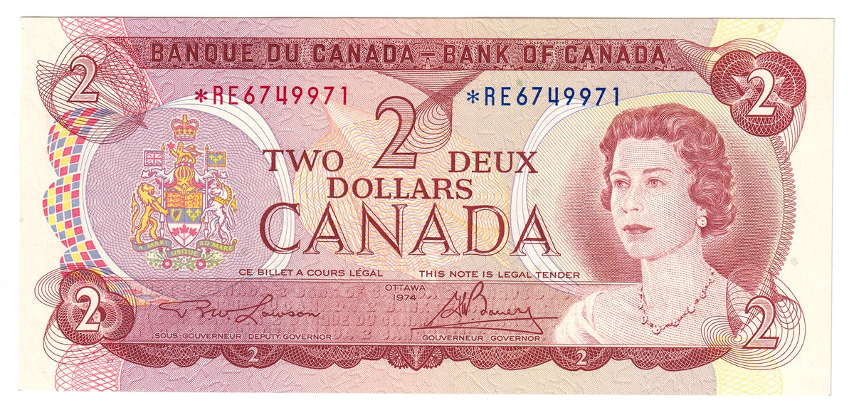 BC-47aA 1974 Canada $2 Lawson-Bouey, *RE, Almost Uncirculated (AU50)