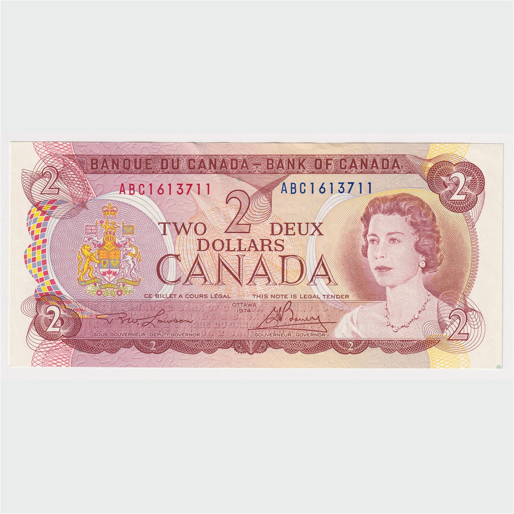 BC-47a-i 1974 Canada $2 Lawson-Bouey, ABC, Almost Uncirculated (AU50)