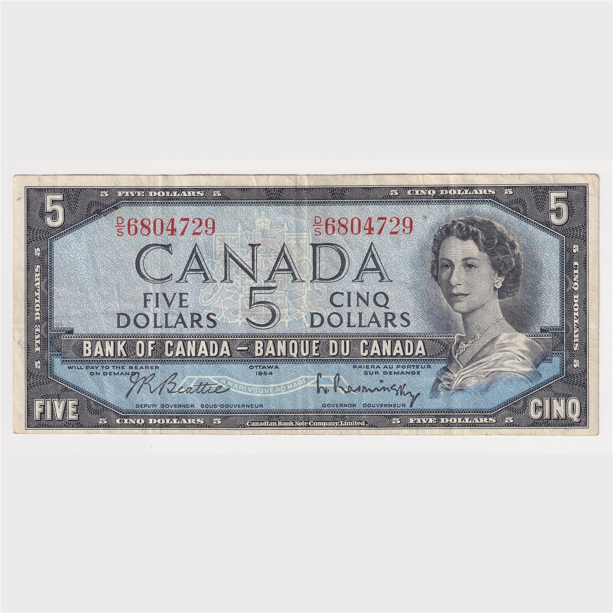 BC-39b 1954 Canada $5 Beattie-Rasminsky, D/S, Very Fine (VF20)