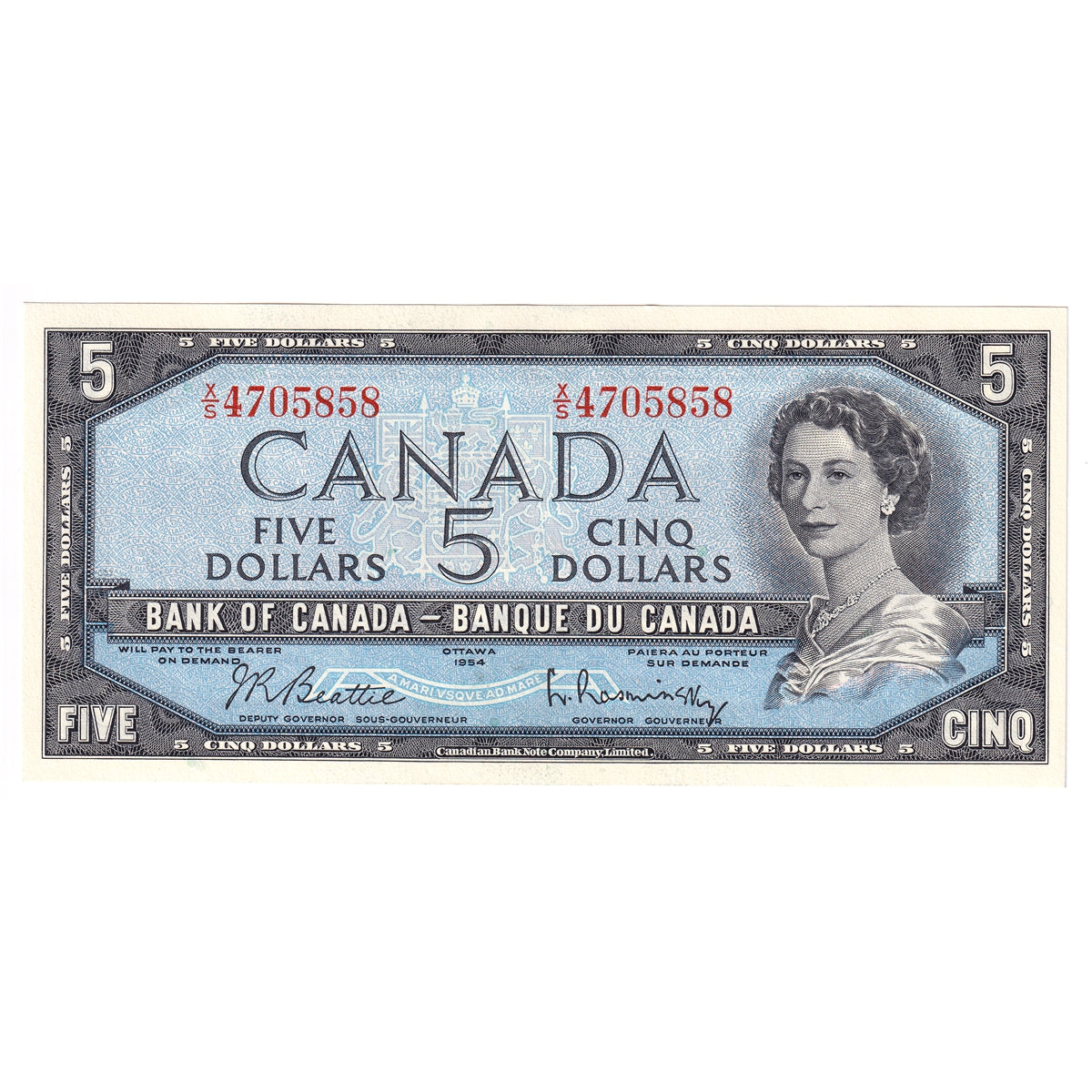 BC-39b 1954 Canada $5 Beattie-Rasminsky, X/S, Choice Uncirculated (CUNC63)