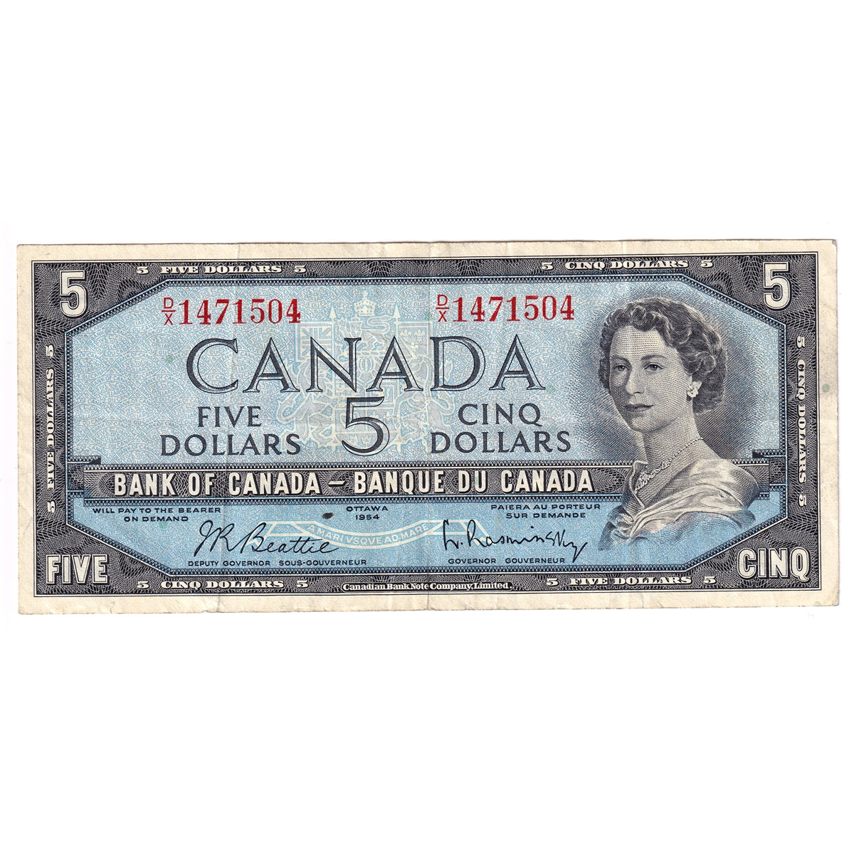 BC-39b 1954 Canada $5 Beattie-Rasminsky, D/X, F-VF (F15)