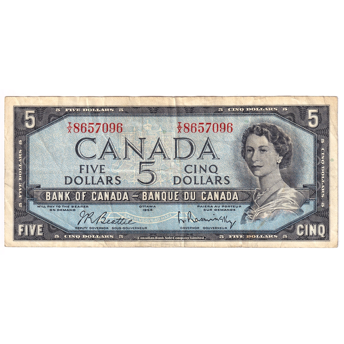 BC-39b 1954 Canada $5 Beattie-Rasminsky, I/X, F-VF (F15)
