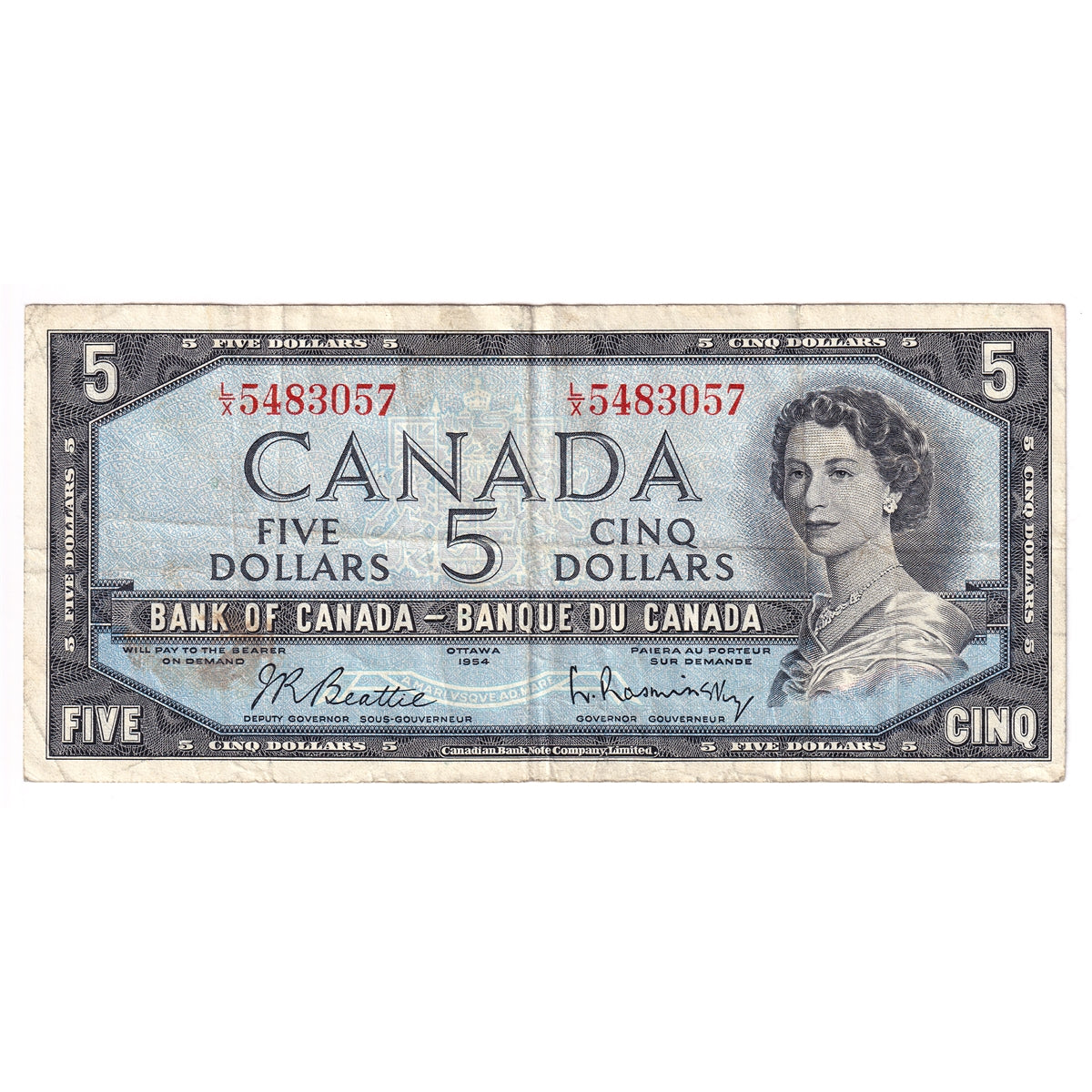 BC-39b 1954 Canada $5 Beattie-Rasminsky, L/X, Circ