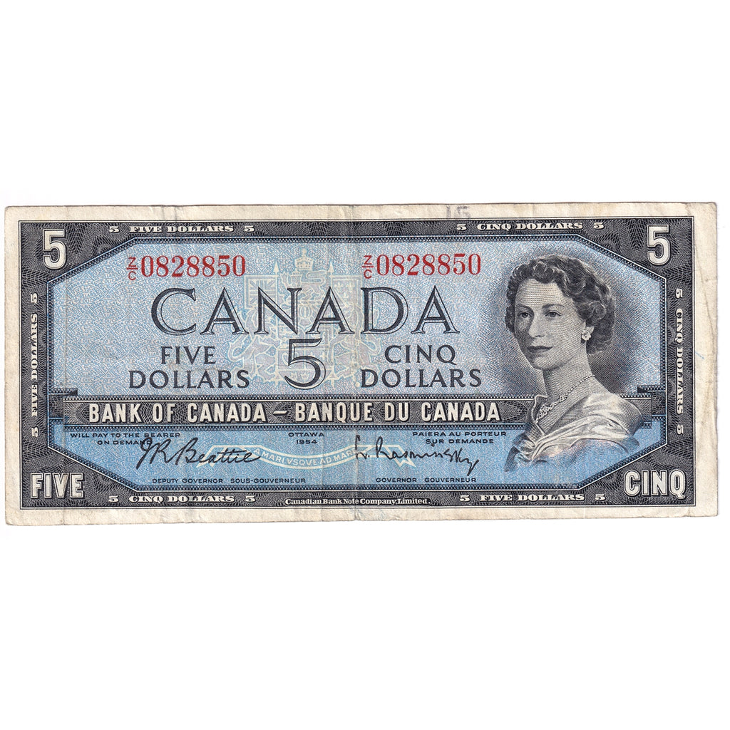 BC-39b 1954 Canada $5 Beattie-Rasminsky, Z/C, F-VF (F15)