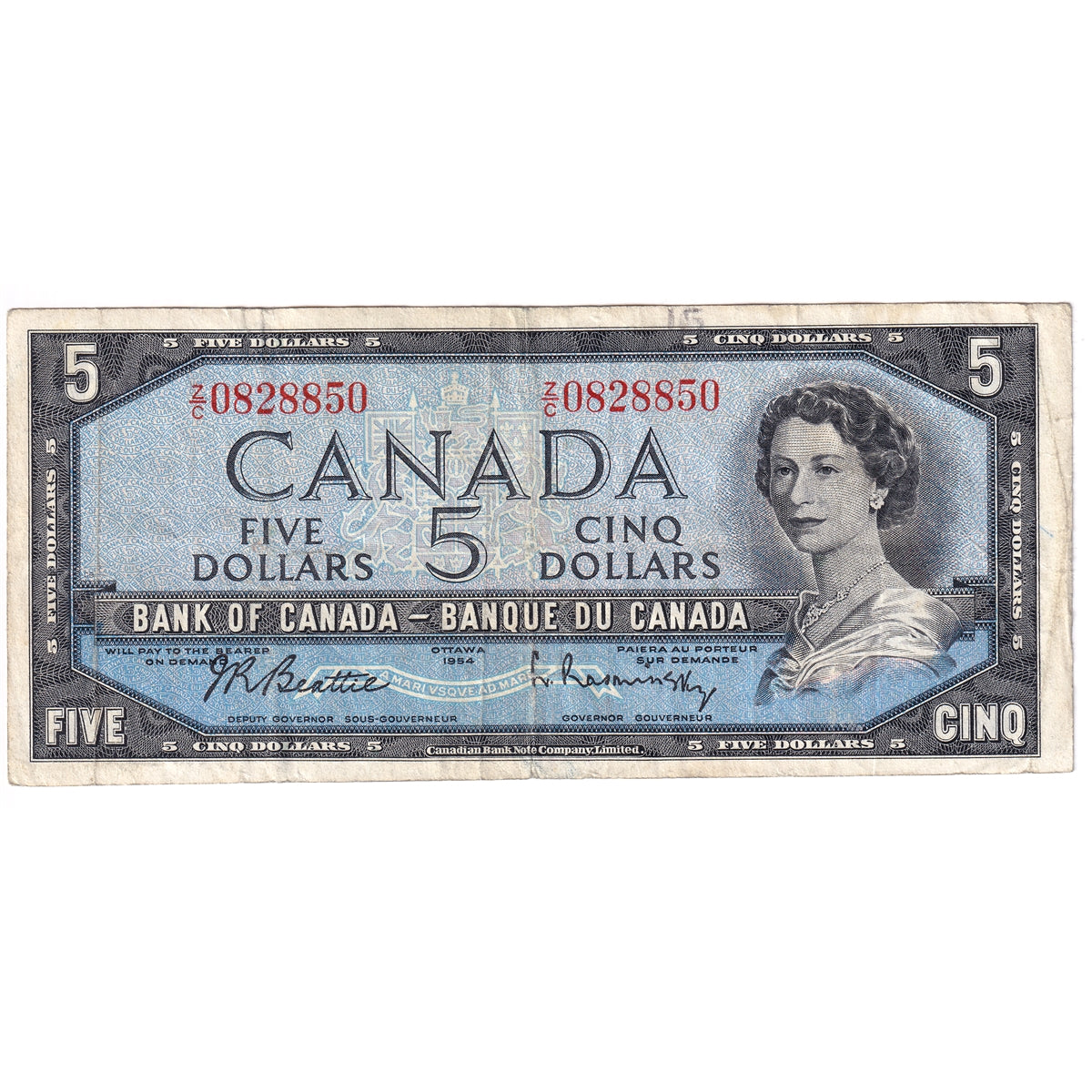 BC-39b 1954 Canada $5 Beattie-Rasminsky, Z/C, F-VF (F15)