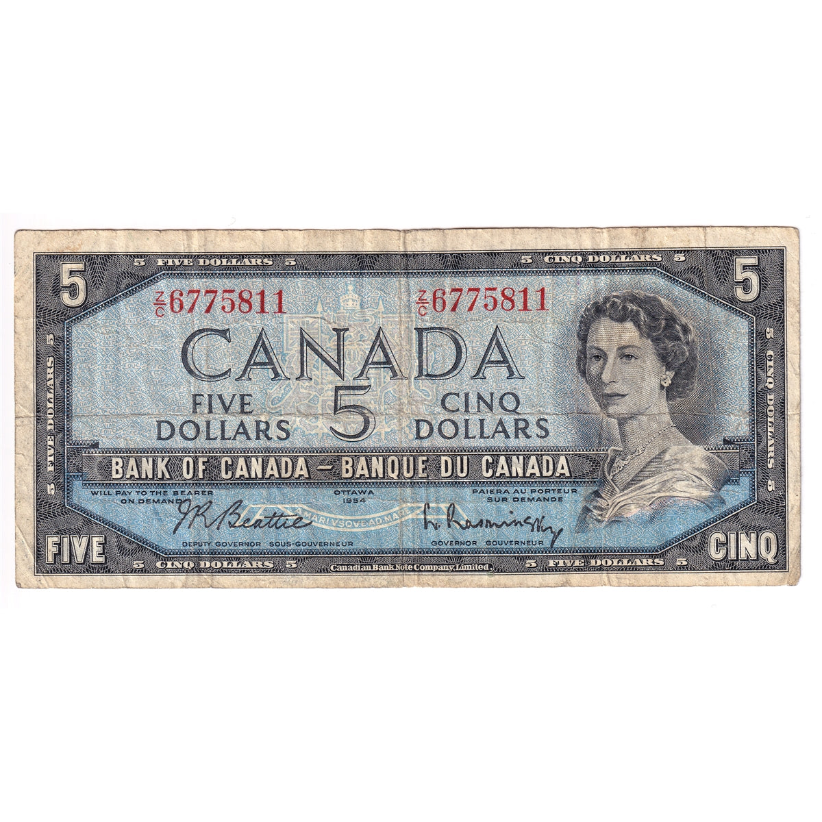 BC-39b 1954 Canada $5 Beattie-Rasminsky, Z/C, VG-F (VG10)