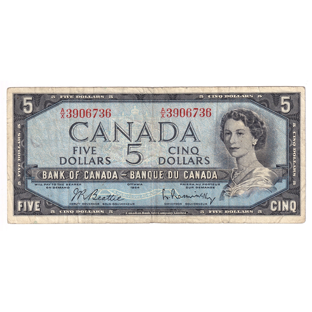 BC-39b 1954 Canada $5 Beattie-Rasminsky, A/X, Fine (F12)
