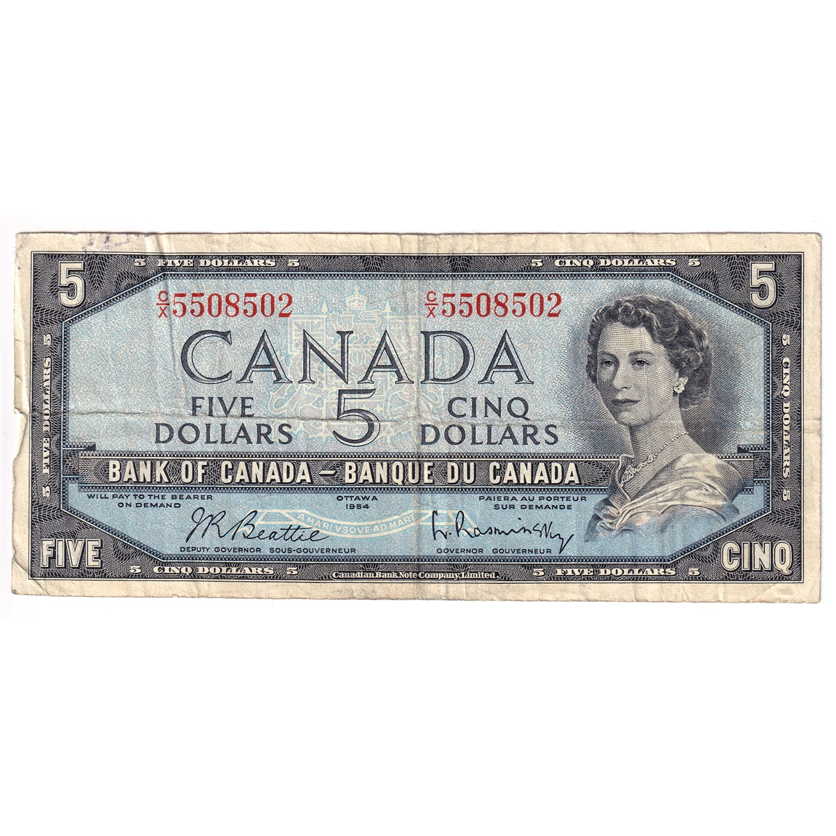 BC-39b 1954 Canada $5 Beattie-Rasminsky, C/X, Fine (F12)