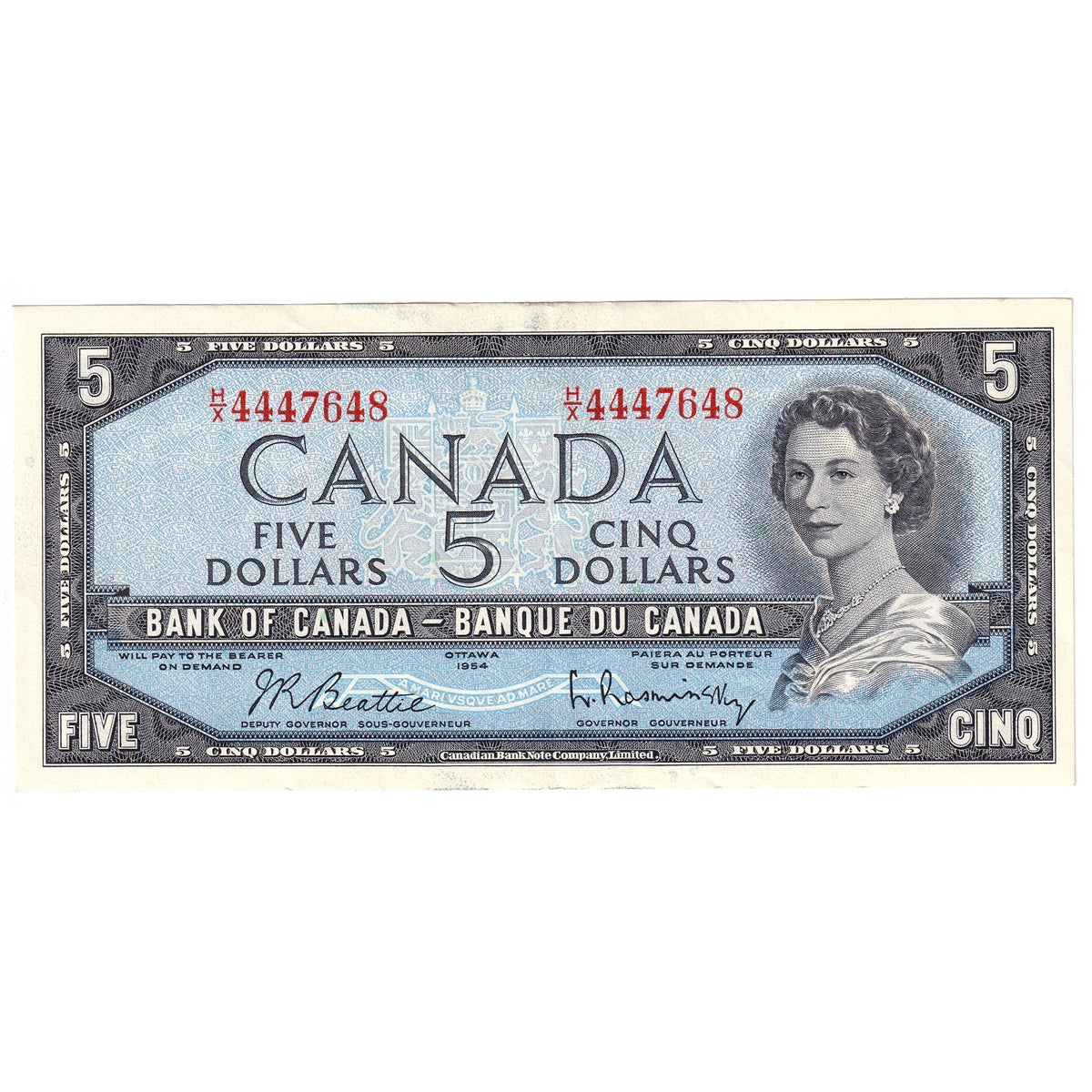 BC-39b 1954 Canada $5 Beattie-Rasminsky, H/X, EF-AU (EF45)