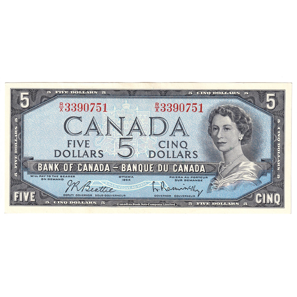 BC-39b 1954 Canada $5 Beattie-Rasminsky, R/X, AU-UNC (AU55)