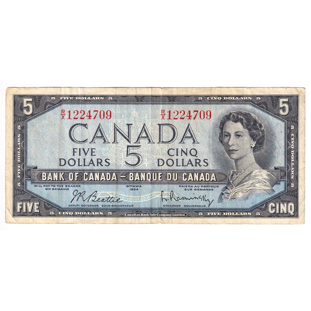 BC-39b 1954 Canada $5 Beattie-Rasminsky, R/X, Circ