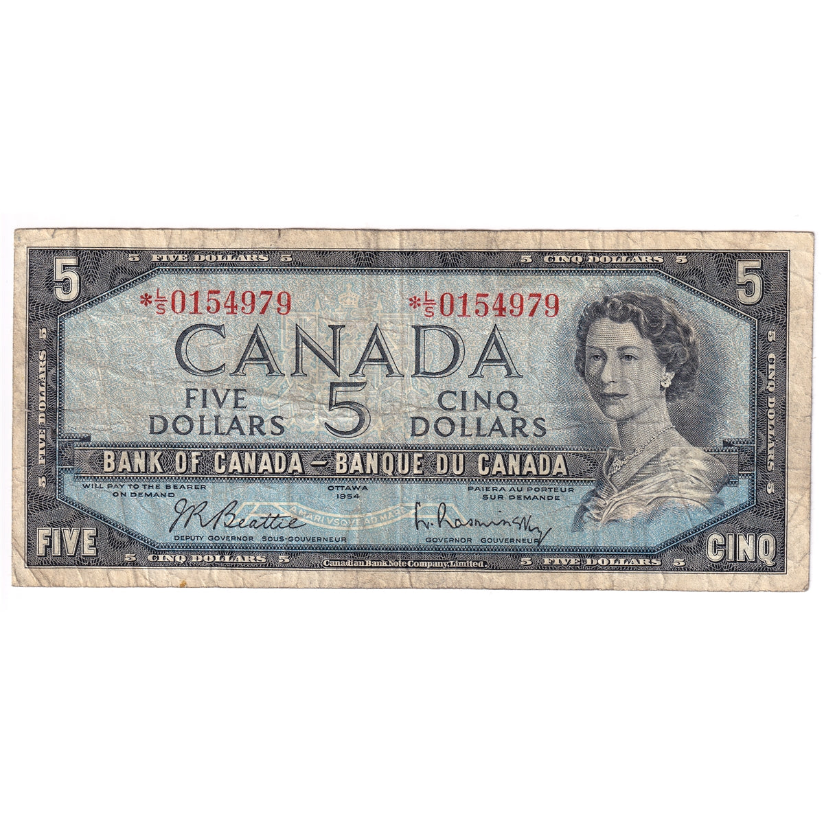 BC-39bA 1954 Canada $5 Beattie-Rasminsky, *L/S, VG-F (VG10)