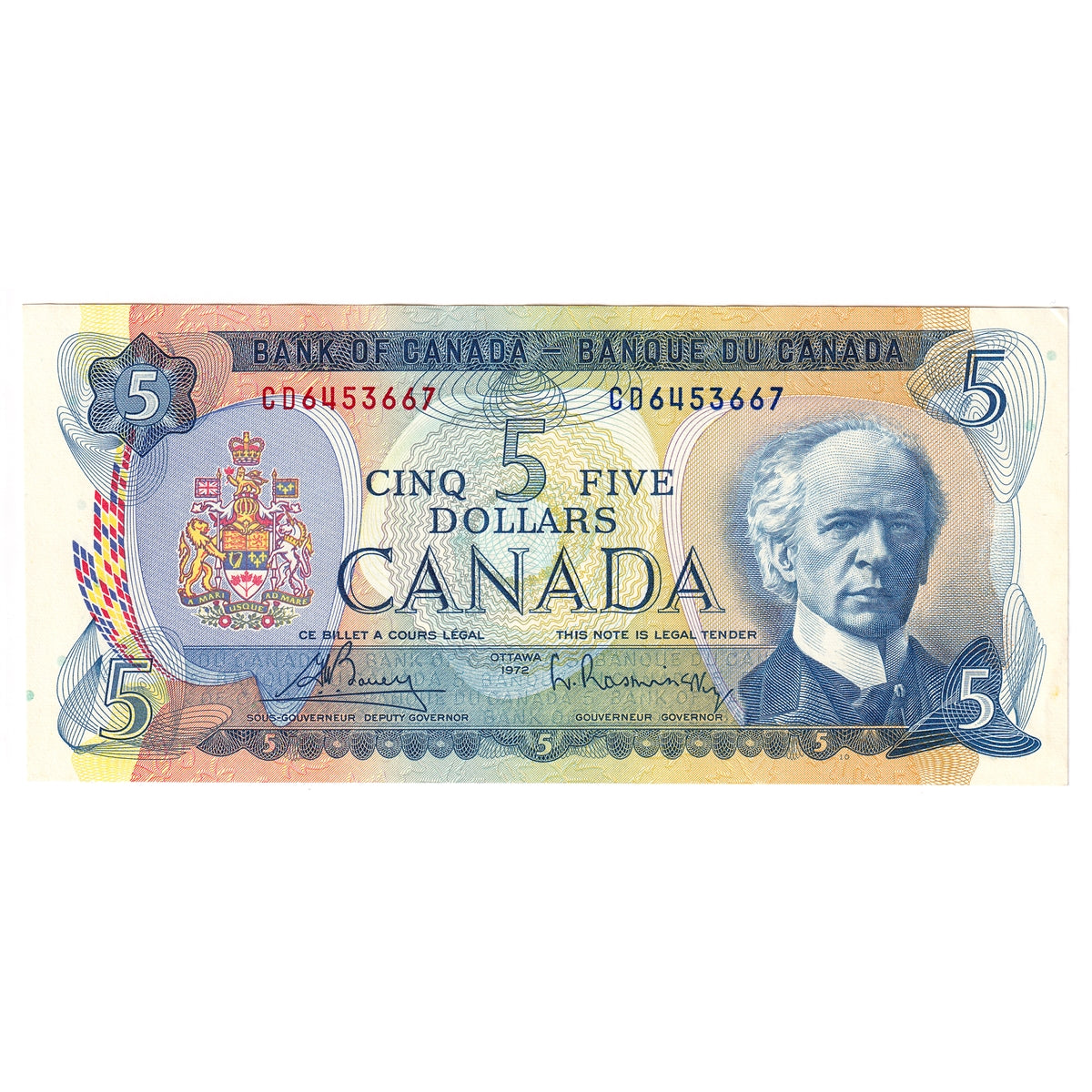 BC-48a 1972 Canada $5 Bouey-Rasminsky, CD, Almost Uncirculated (AU50)