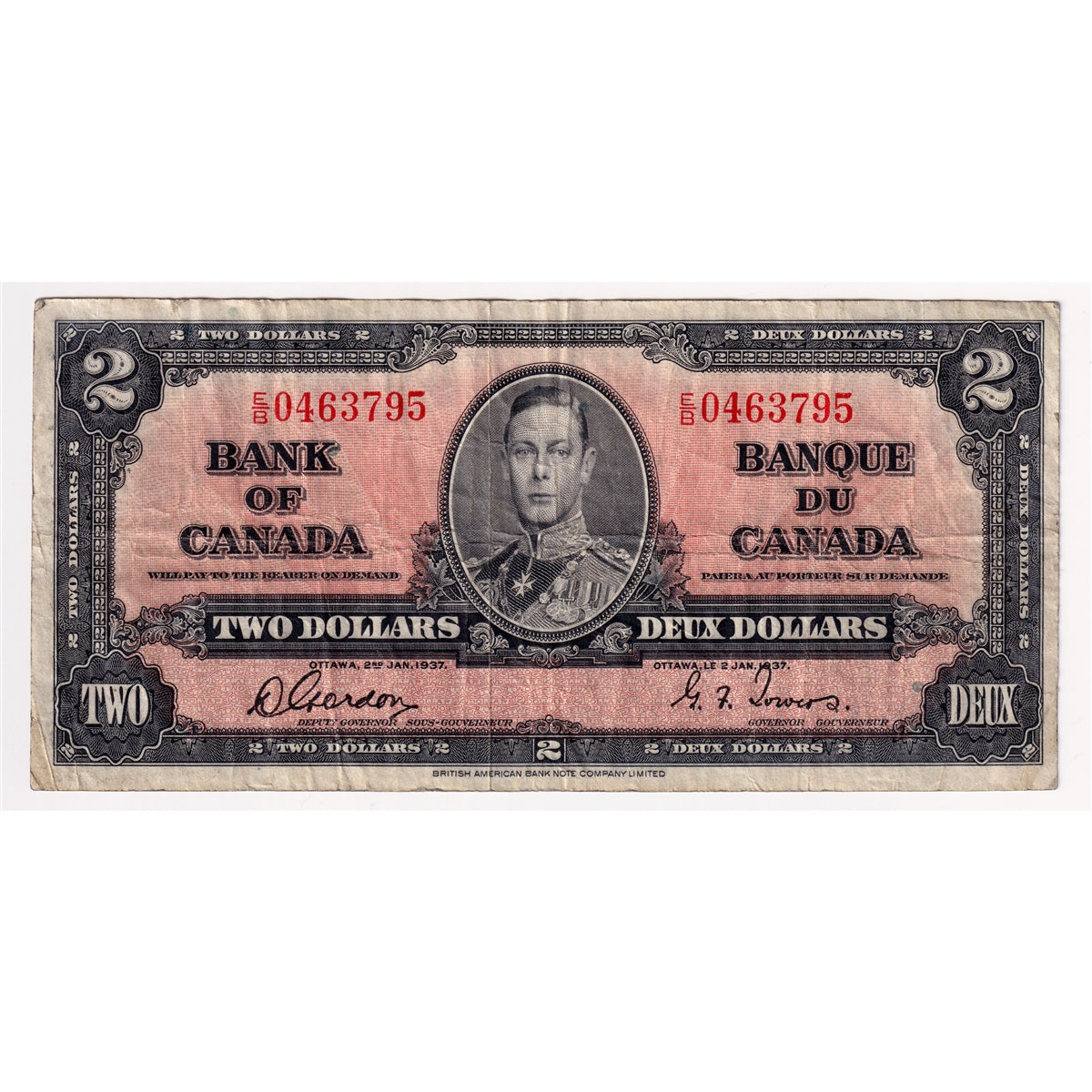 BC-22b 1937 Canada $2 Gordon-Towers, E/B, F-VF (F15)