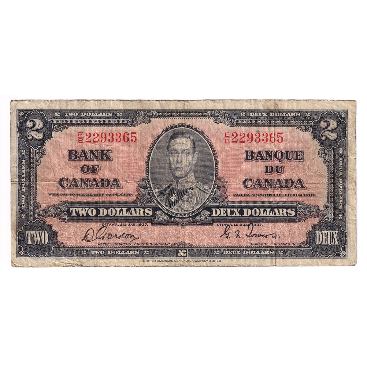 BC-22b 1937 Canada $2 Gordon-Towers, E/B, Very Good (VG8)