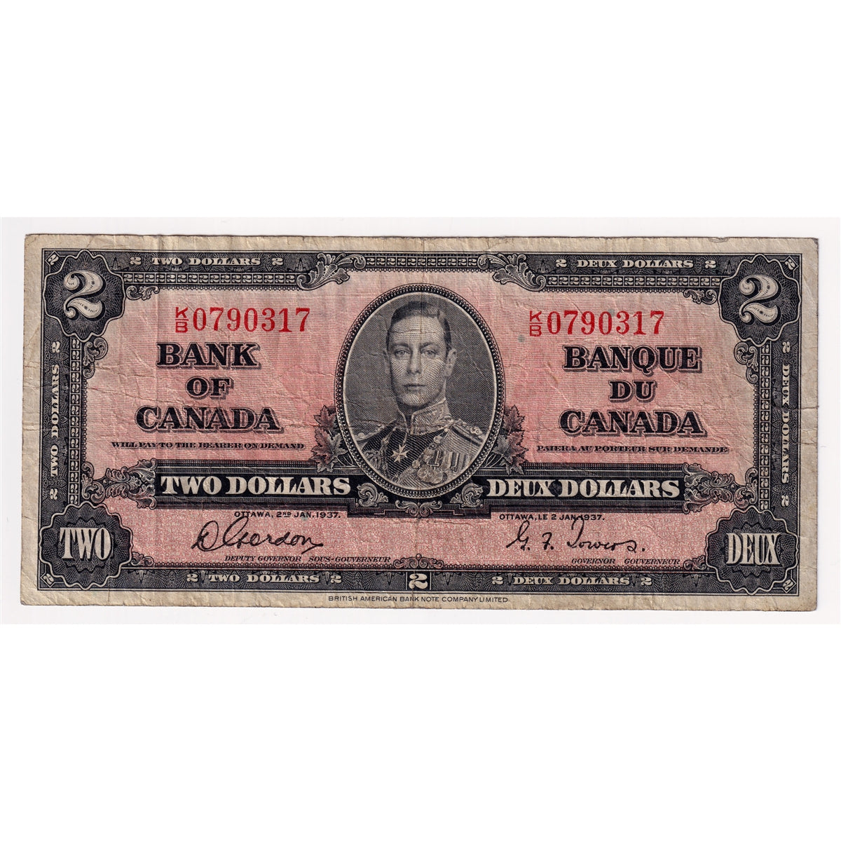 BC-22b 1937 Canada $2 Gordon-Towers, K/B, VG-F (VG10)