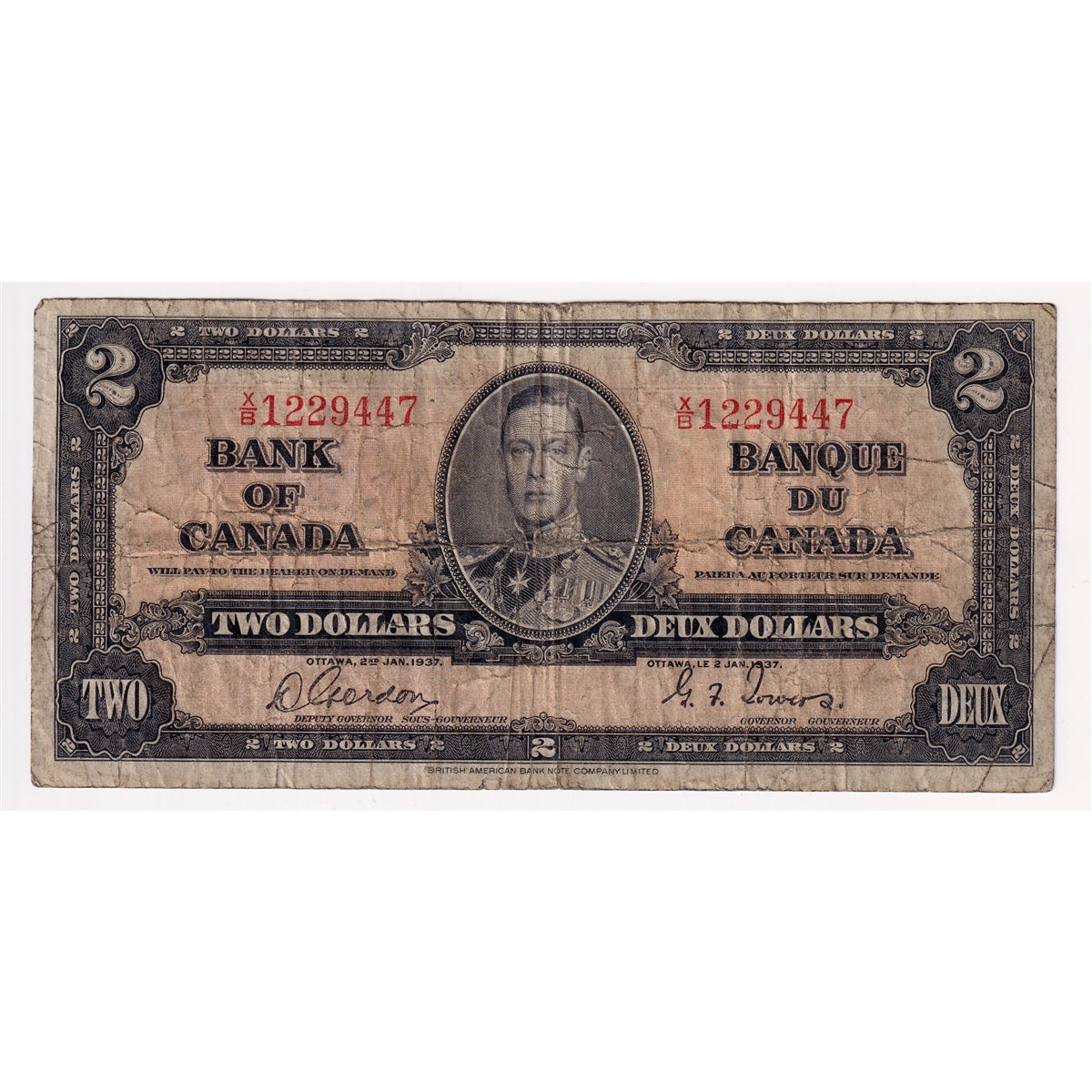BC-22b 1937 Canada $2 Gordon-Towers, X/B, Very Good (VG8)
