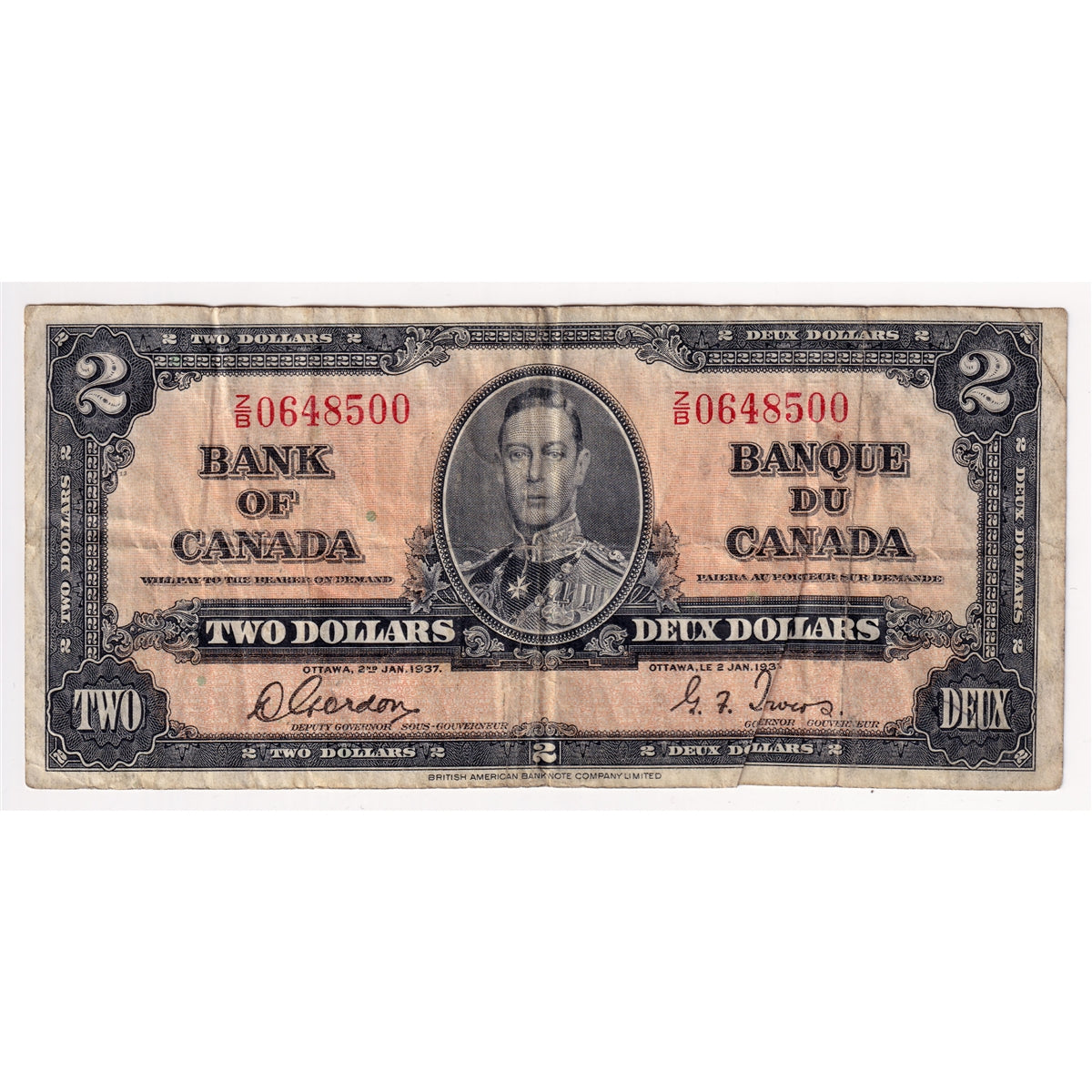 BC-22b 1937 Canada $2 Gordon-Towers, Z/B, VF