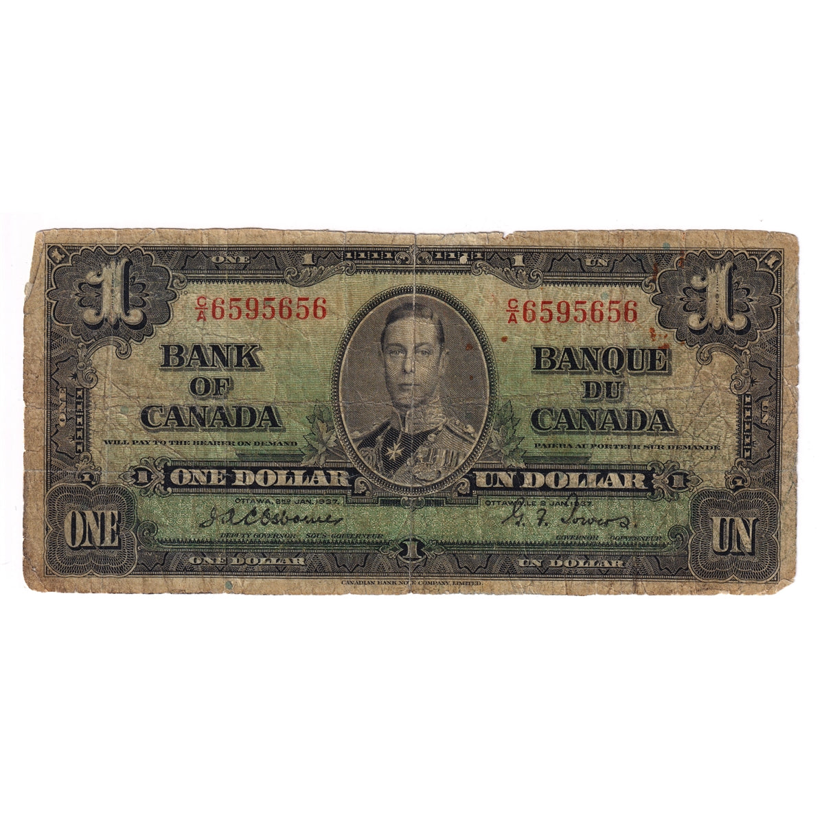 BC-21a 1937 Canada $1 Osborne-Towers, C/A, Circ
