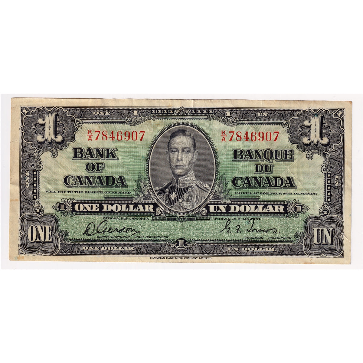 BC-21c 1937 Canada $1 Gordon-Towers, K/A, VF