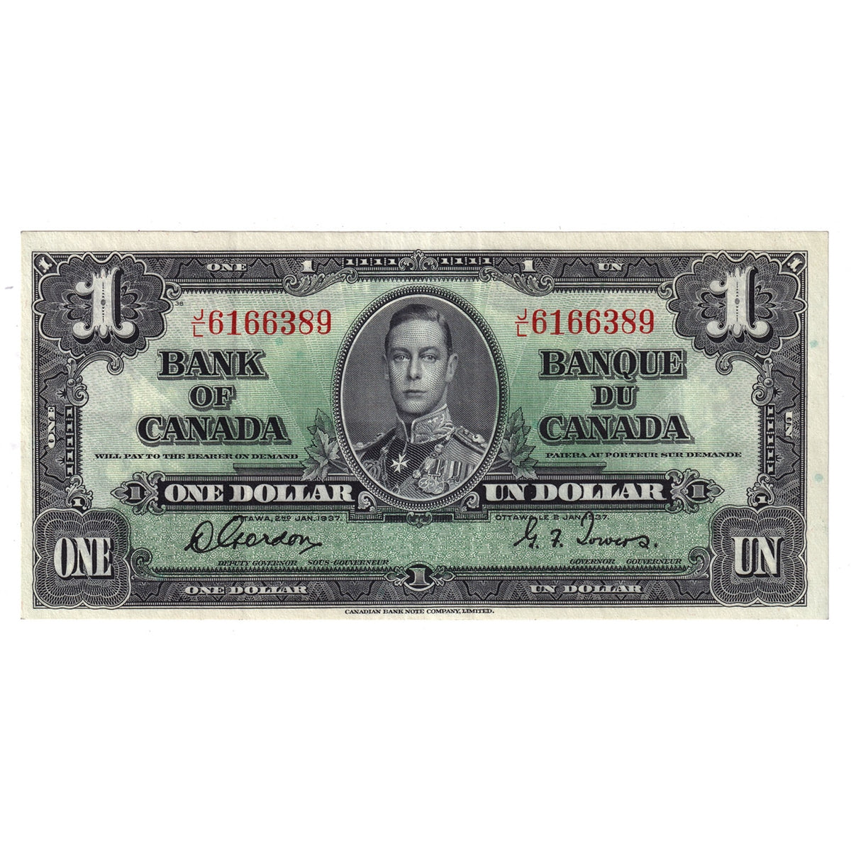 BC-21c 1937 Canada $1 Gordon-Towers, J/L, Extra Fine (EF40)