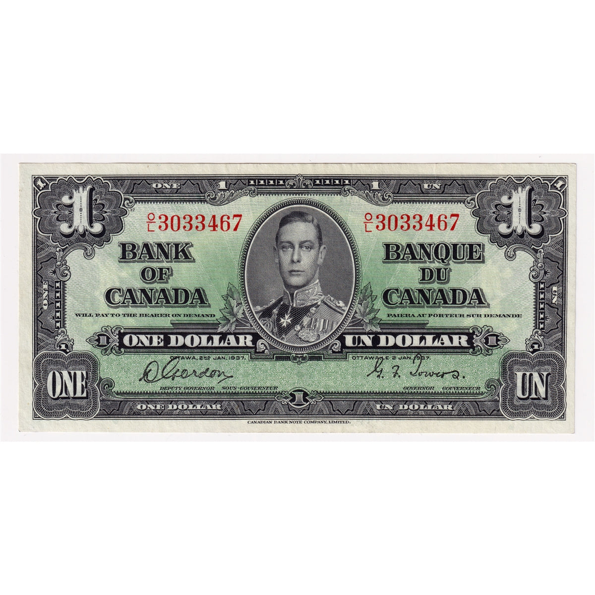 BC-21c 1937 Canada $1 Gordon-Towers, O/L, EF-AU (EF45)