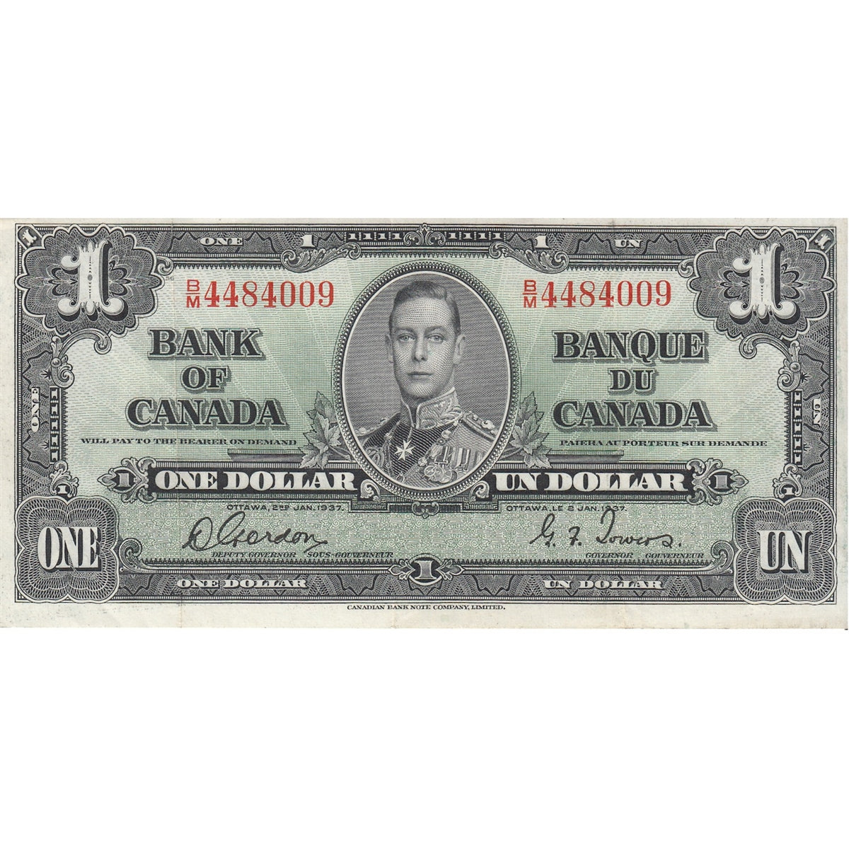 BC-21c 1937 Canada $1 Gordon-Towers, B/M, VF-EF (VF30)
