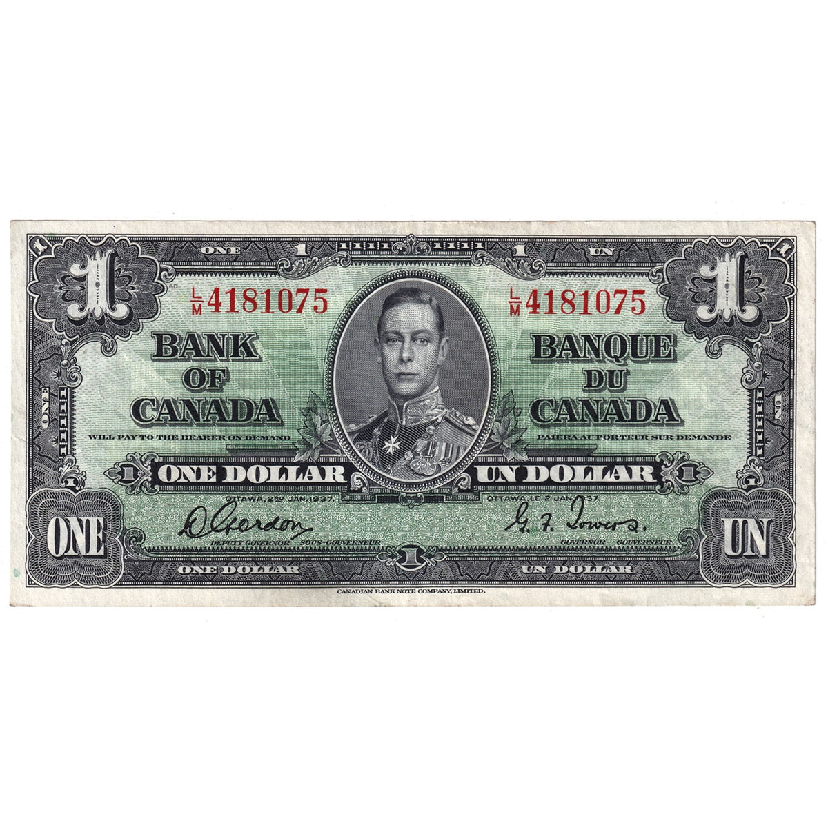 BC-21c 1937 Canada $1 Gordon-Towers, L/M, Extra Fine (EF40)