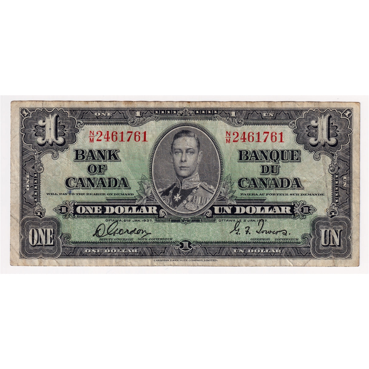 BC-21c 1937 Canada $1 Gordon-Towers, N/M, F-VF (F15)