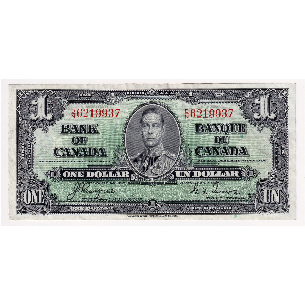BC-21d 1937 Canada $1 Coyne-Towers, D/N, EF-AU (EF45)