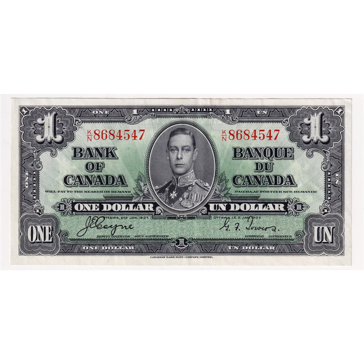 BC-21d 1937 Canada $1 Coyne-Towers, K/N, Extra Fine (EF40)