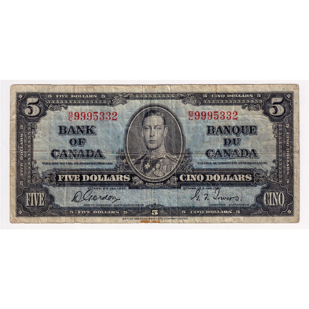 BC-23b 1937 Canada $5 Gordon-Towers, B/C, Circ