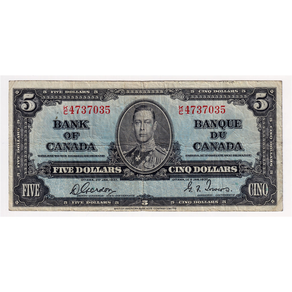 BC-23b 1937 Canada $5 Gordon-Towers, K/C, Very Good (VG8)