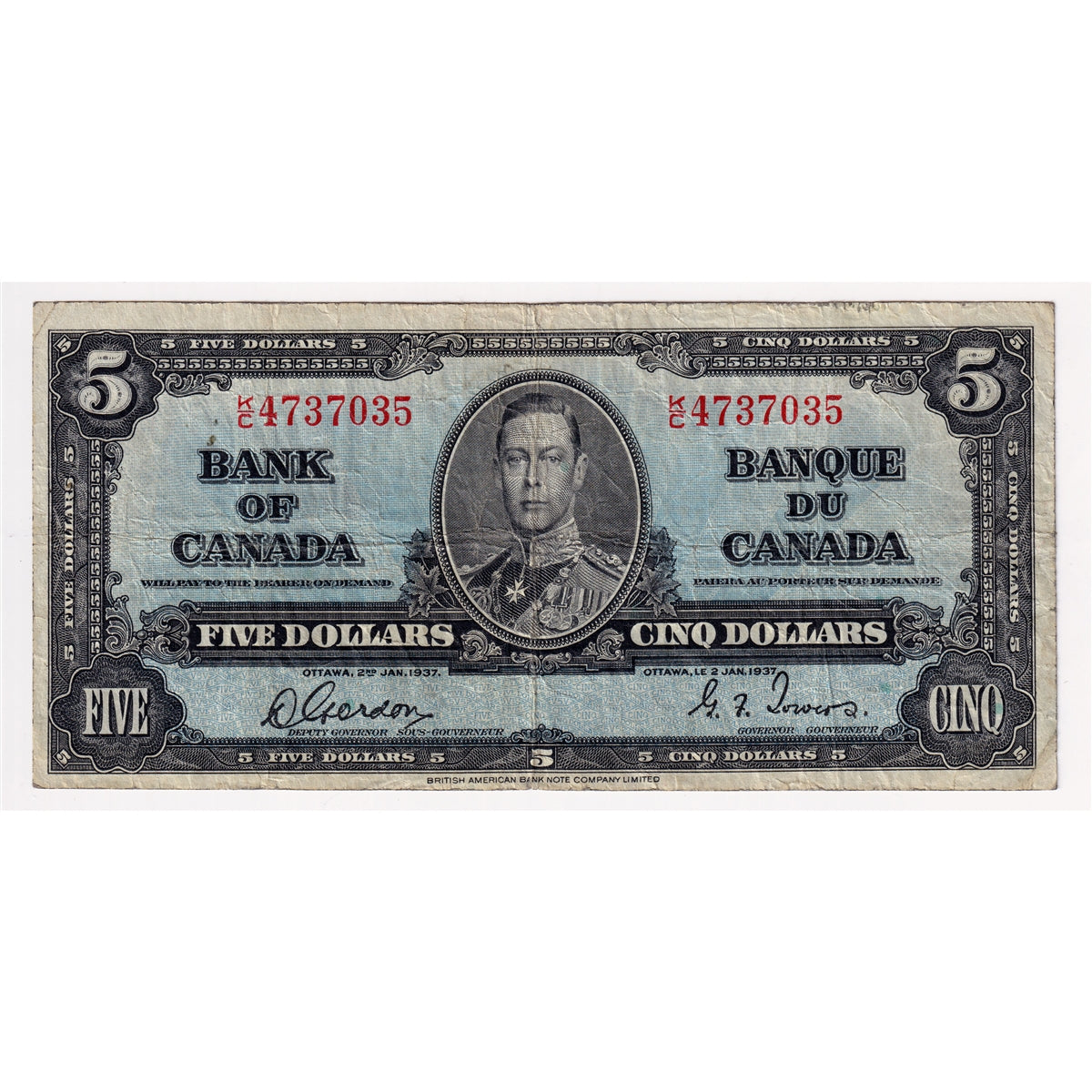 BC-23b 1937 Canada $5 Gordon-Towers, K/C, Very Good (VG8)