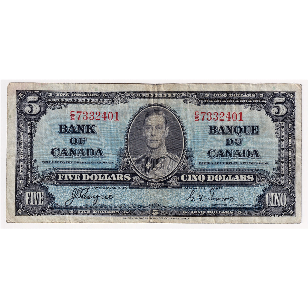 BC-23c 1937 Canada $5 Coyne-Towers, C/S, Fine (F12)