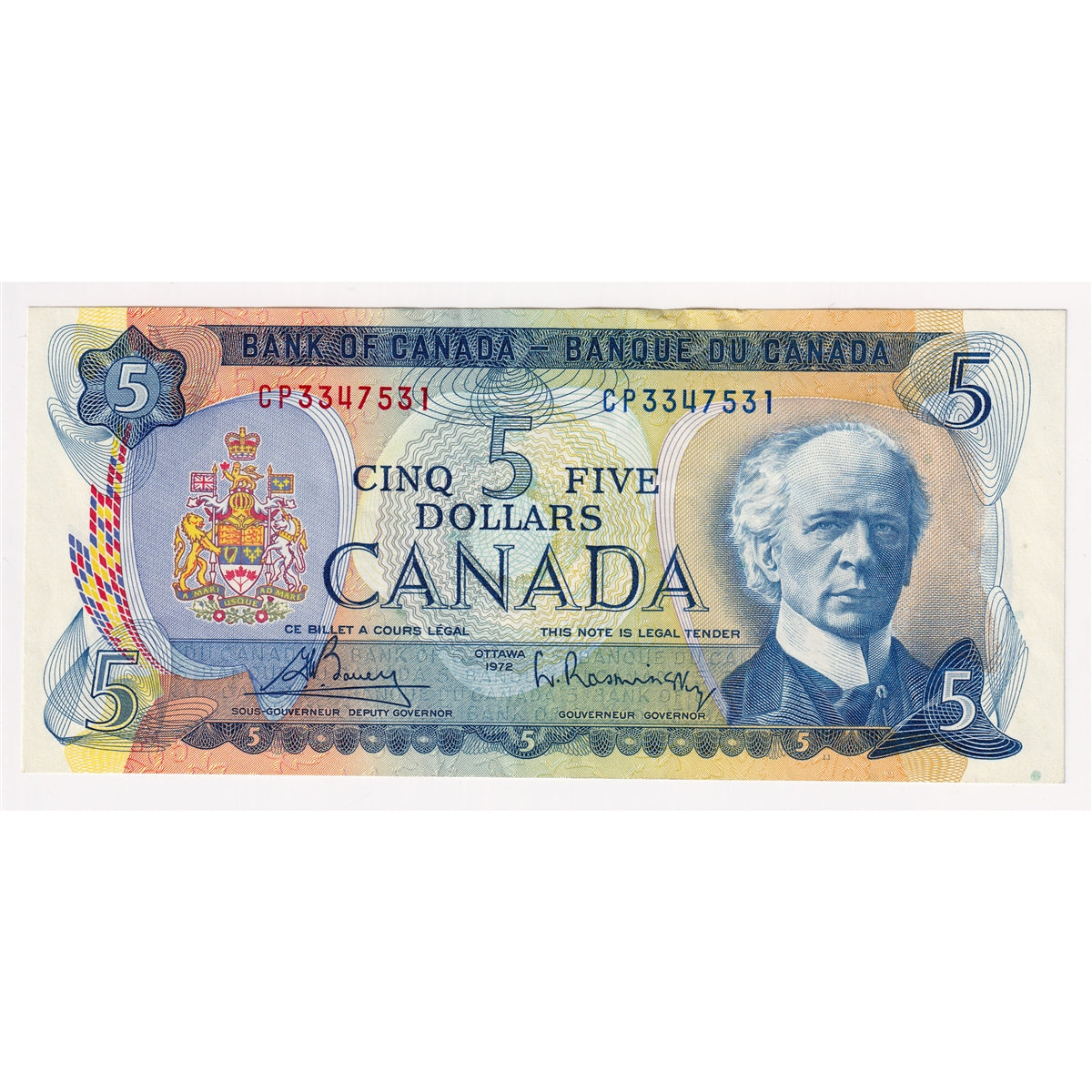 BC-48a 1972 Canada $5 Bouey-Rasminsky, CF, AU-UNC (AU55)