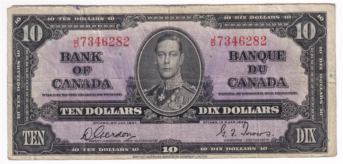 BC-24b 1937 Canada $10 Gordon-Towers, J/D, Circ