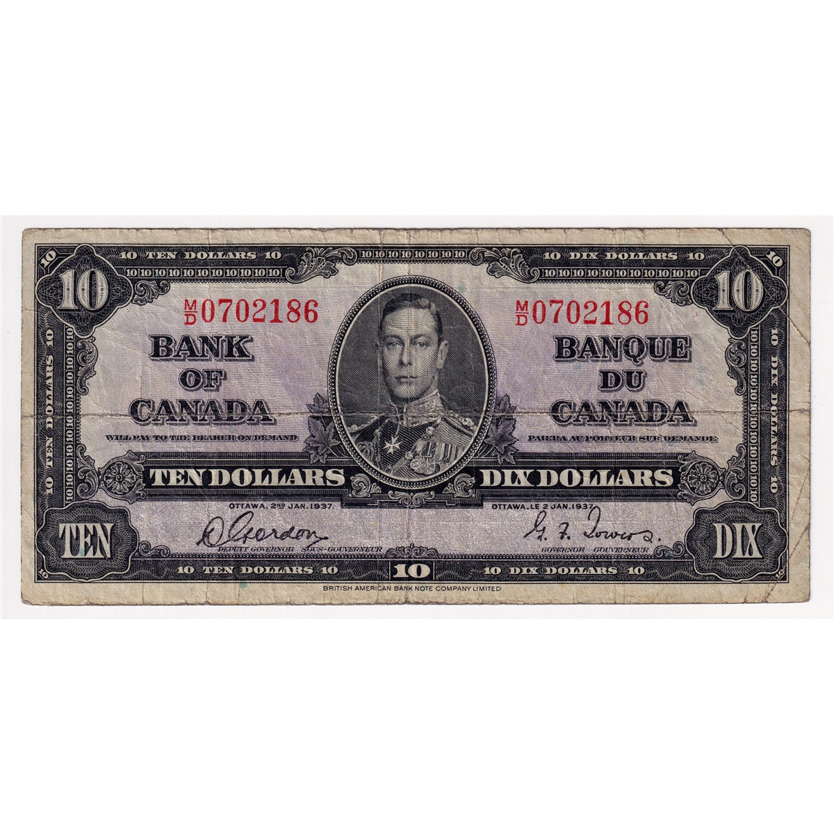 BC-24b 1937 Canada $10 Gordon-Towers, M/D, Very Good (VG8)