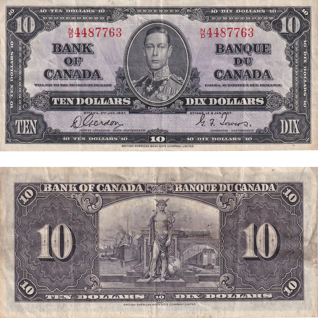 BC-24b 1937 Canada $10 Gordon-Towers, N/D, Very Fine (VF20)
