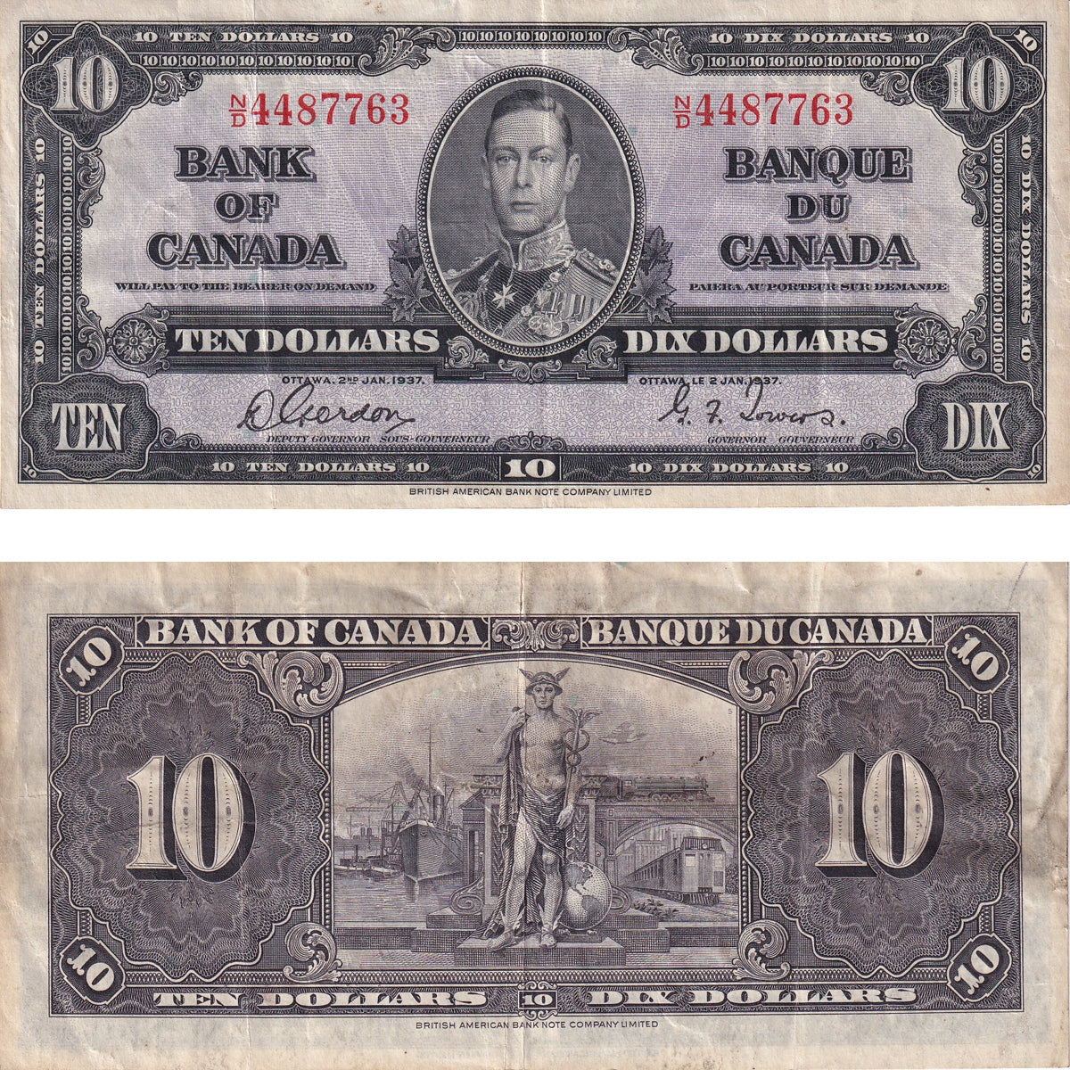 BC-24b 1937 Canada $10 Gordon-Towers, N/D, Very Fine (VF20)