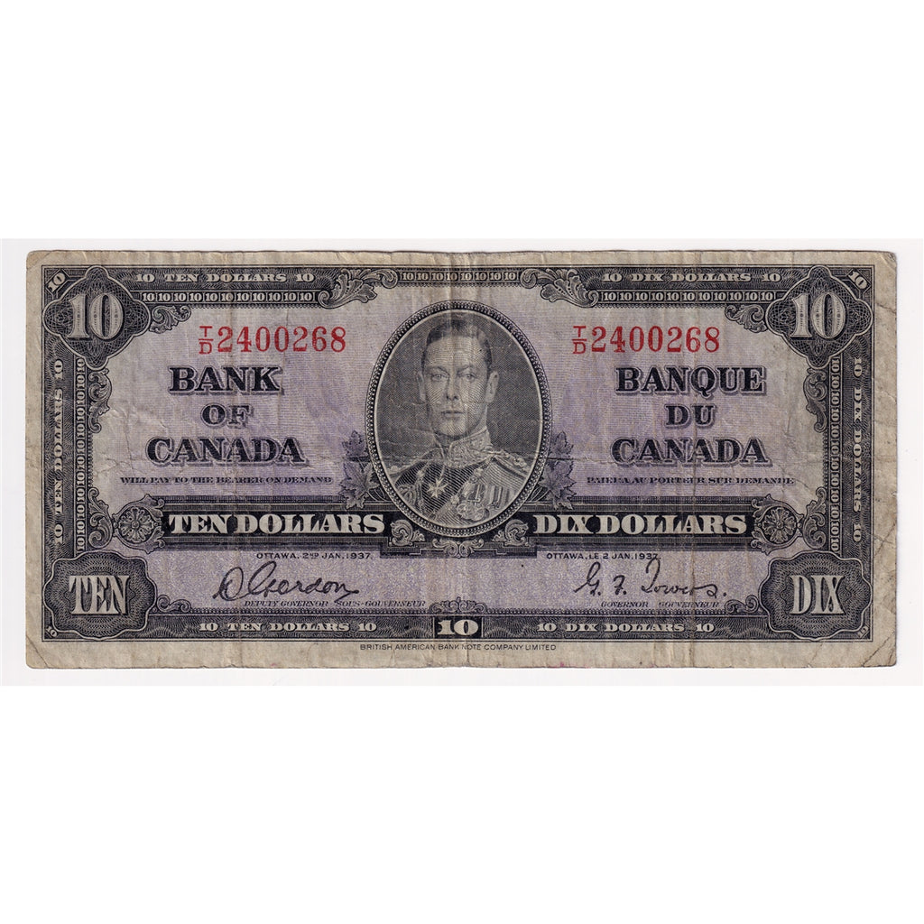 BC-24b 1937 Canada $10 Gordon-Towers, T/D, Very Good (VG8)