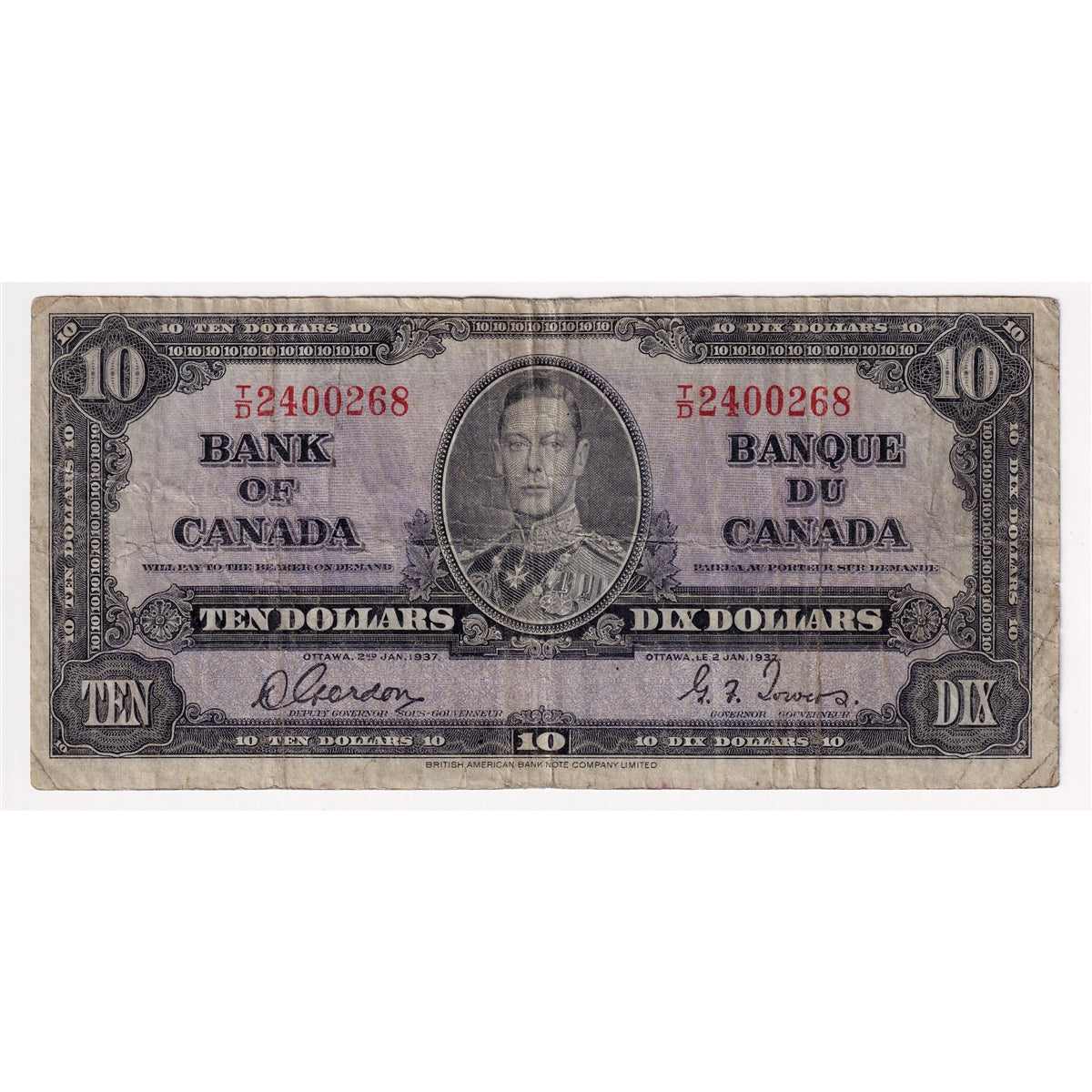 BC-24b 1937 Canada $10 Gordon-Towers, T/D, Very Good (VG8)