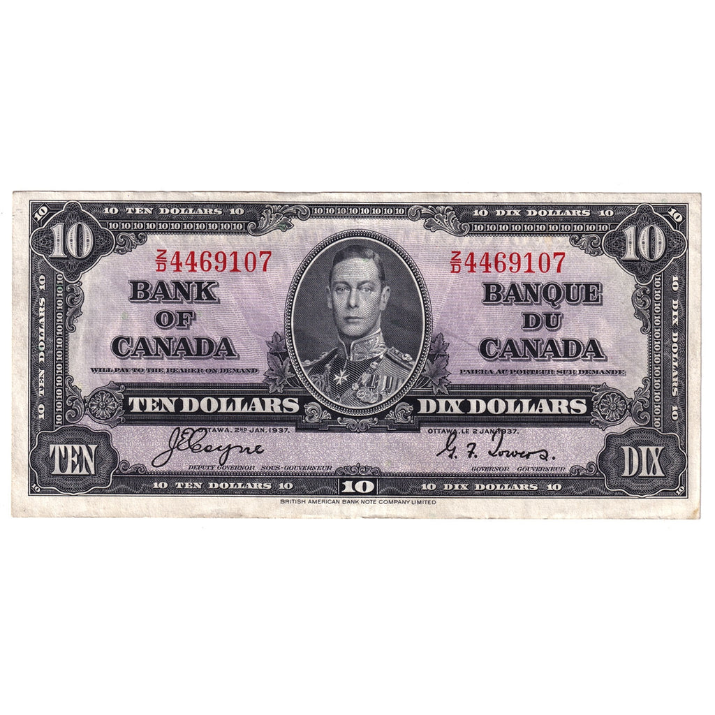 BC-24c 1937 Canada $10 Coyne-Towers, Z/D, Almost Uncirculated (AU50)