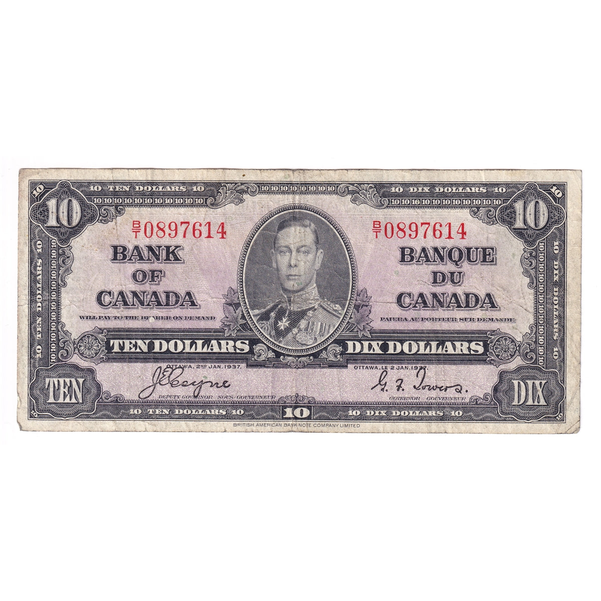BC-24c 1937 Canada $10 Coyne-Towers, B/T, Circ