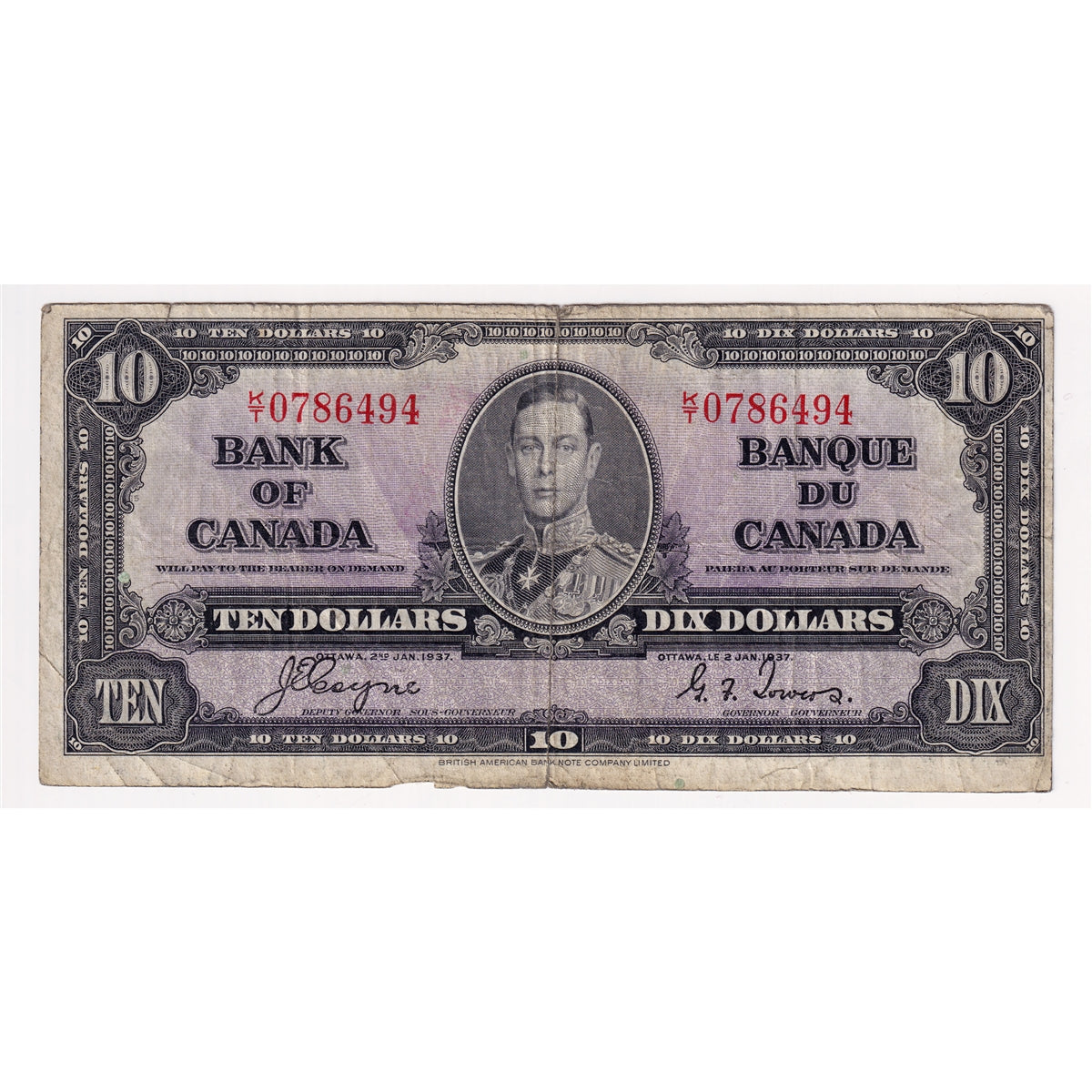 BC-24c 1937 Canada $10 Coyne-Towers, K/T, Circ