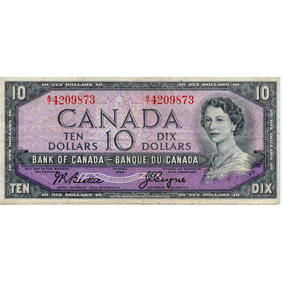 BC-40a 1954 Canada $10 Beattie-Coyne, A/T, Very Fine (VF20)